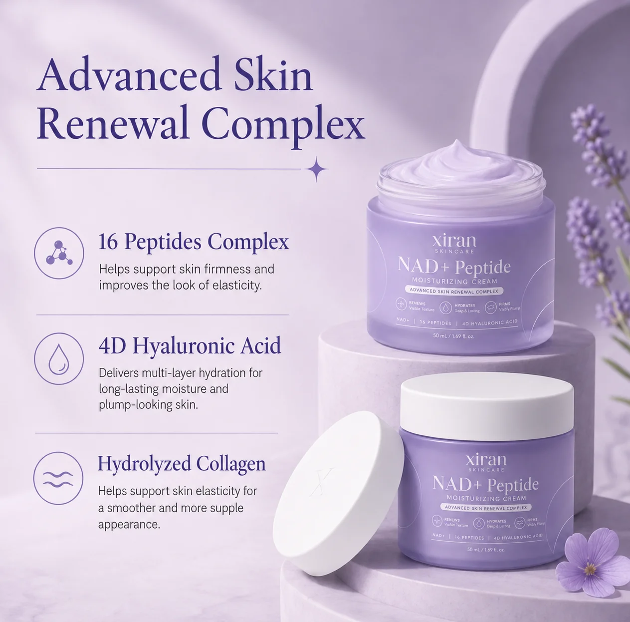 Purple-themed product display of Xiran Skincare's NAD+ Peptide Moisturizing Cream highlighting ingredients like 16 Peptides Complex, 4D Hyaluronic Acid, and Hydrolyzed Collagen for skin hydration and elasticity.